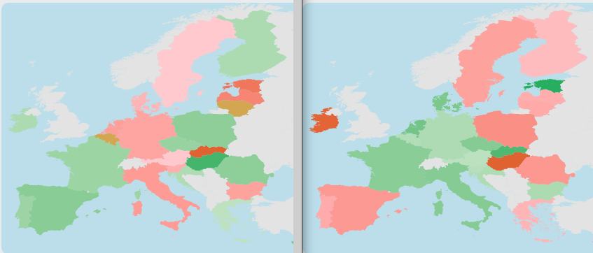 Two maps side by side. On the left the result of the EU Parliament vote on ChatControl Tuesday. On the right the result of the EU Parliament vote on ChatControl on Thursday.