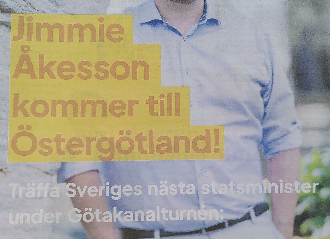 Bilden visar en del av en annons i Corren och misinformerar folk att Jimmy Åkesson är Sveriges nästa statsminister.